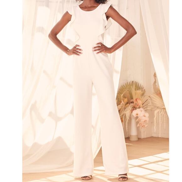Lulus NWT Feel Your Love White Ruffled Wide-Leg Stretchy Crepe Jumpsuit Small - Picture 1 of 10